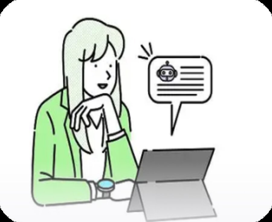 Adulto usando um computador com uma assistente virtual na tela.