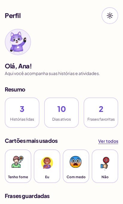 Tela do aplicativo mostrando o resumo do perfil de uma criança, com histórias lidas, dias ativos e os cartões mais usados.